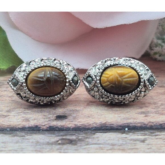 Tiny Minimalist Silver Tone & Tigers Eye Center Stud Earrings .5" Marcasite - Picture 3 of 5